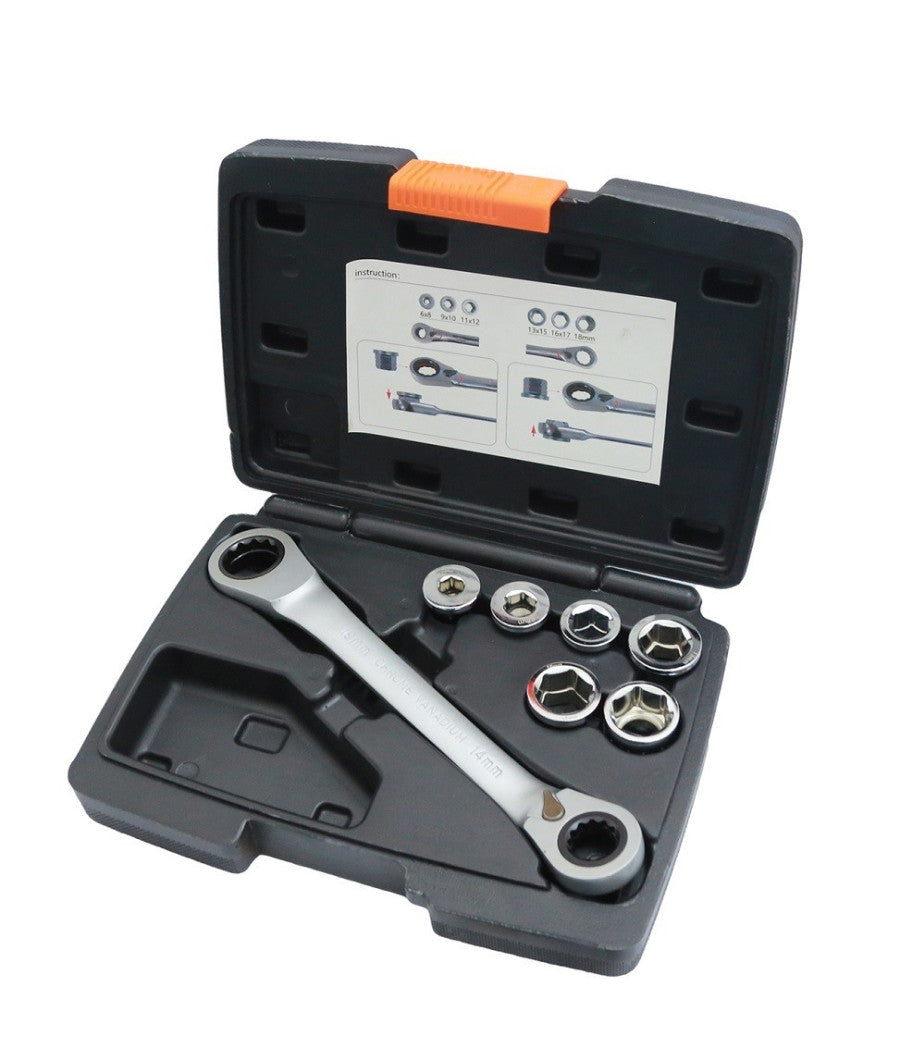 Set 7 Chiave A Cricchetto Reversibile Esagonali 14-19mm 5 Innesti 6-19mm         