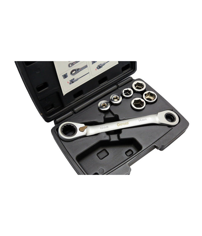 Set 7 Chiave A Cricchetto Reversibile Esagonali 14-19mm 5 Innesti 6-19mm         