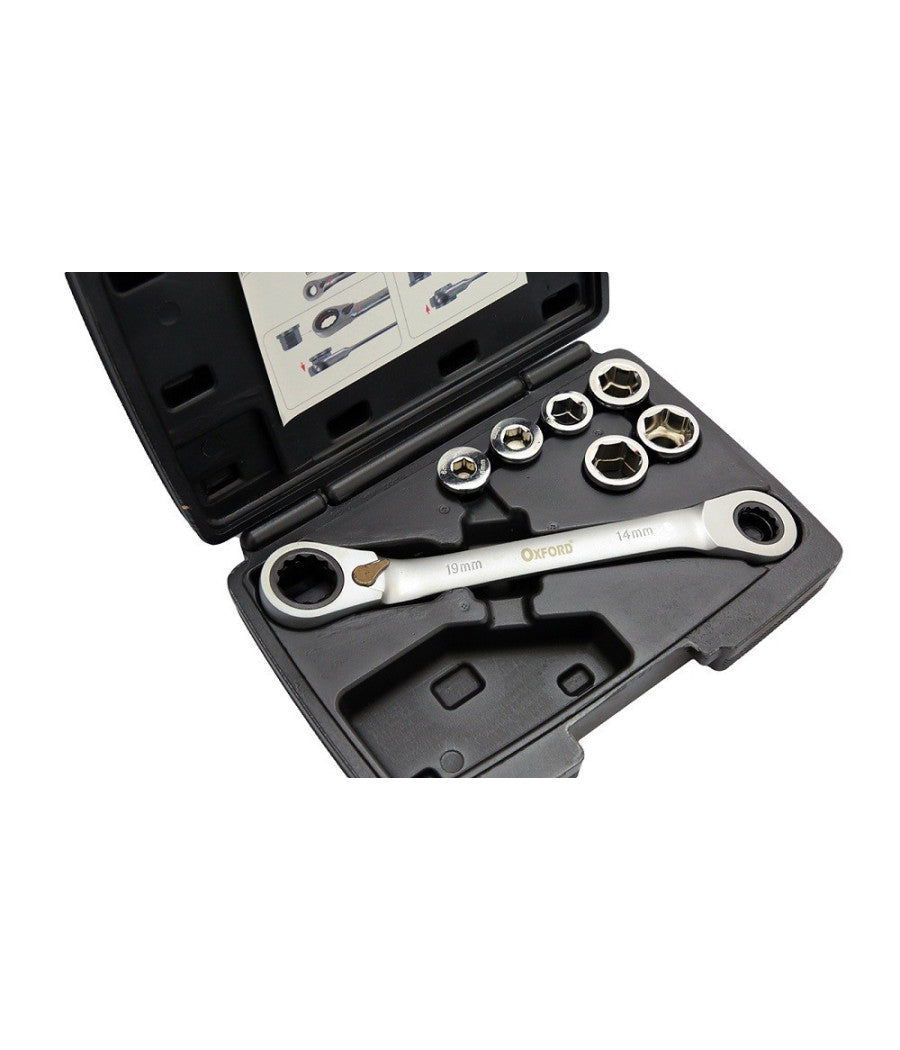 Set 7 Chiave A Cricchetto Reversibile Esagonali 14-19mm 5 Innesti 6-19mm         