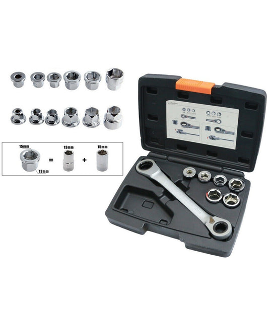 Set 7 Chiave A Cricchetto Reversibile Esagonali 14-19mm 5 Innesti 6-19mm         