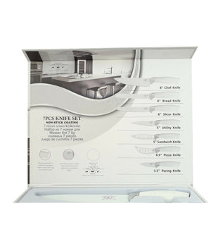 Set 7 Coltelli Da Cucina In Acciaio Manico Antiscivolo Piu Pelapatate White         