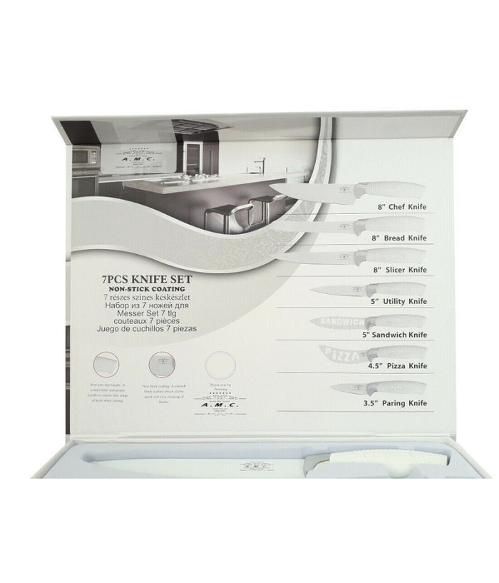 Set 7 Coltelli Da Cucina In Acciaio Manico Antiscivolo Piu Pelapatate White         