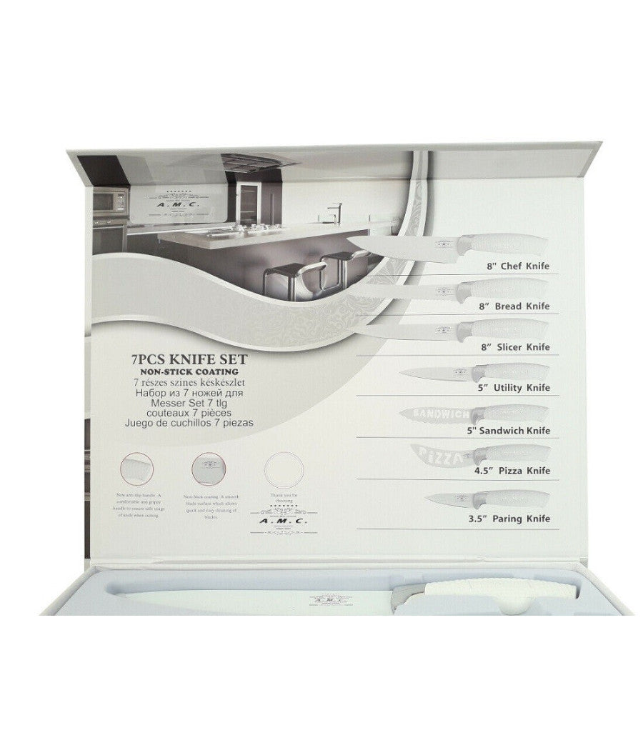 Set 7 Coltelli Da Cucina In Acciaio Manico Antiscivolo Piu Pelapatate White         