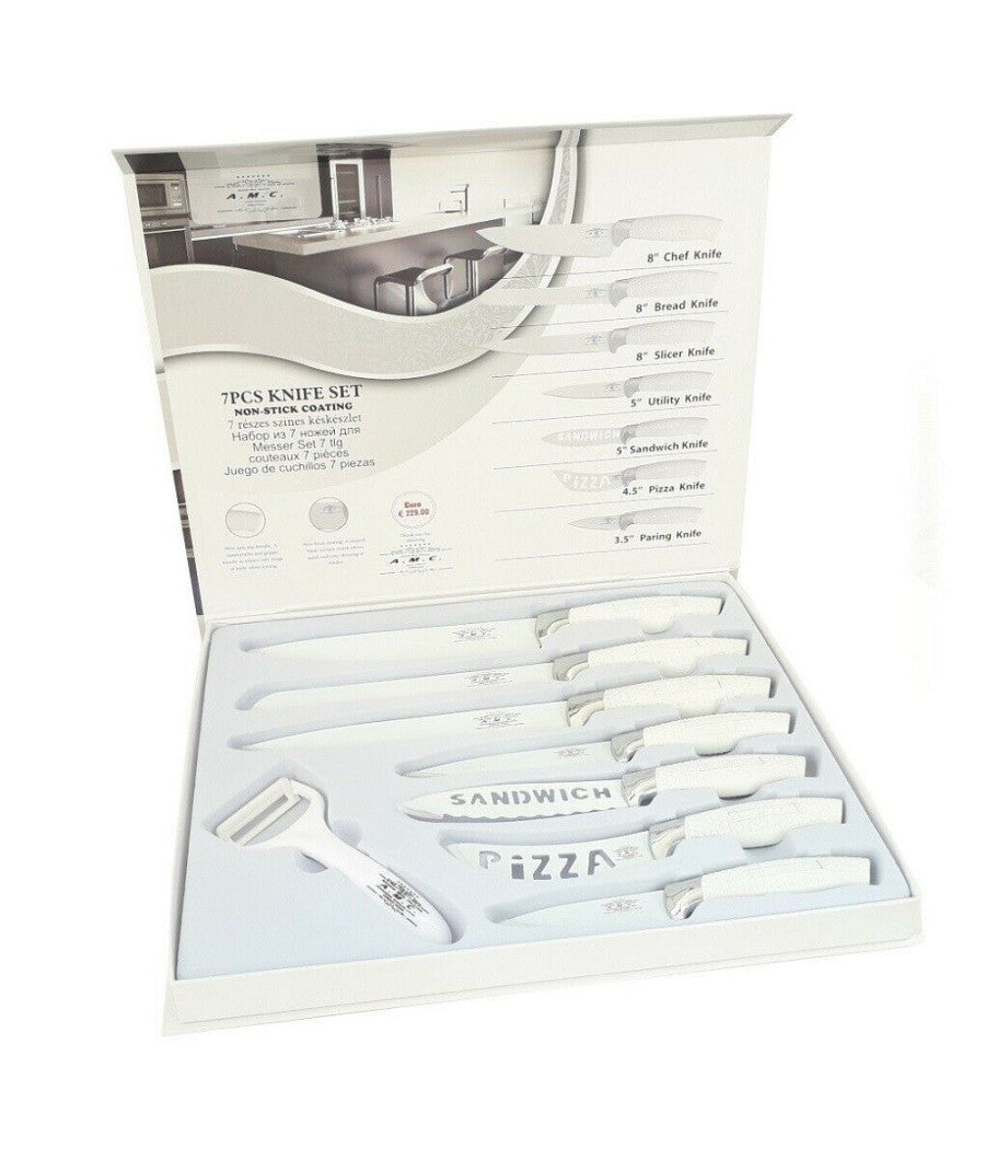 Set 7 Coltelli Da Cucina In Acciaio Manico Antiscivolo Piu Pelapatate White         