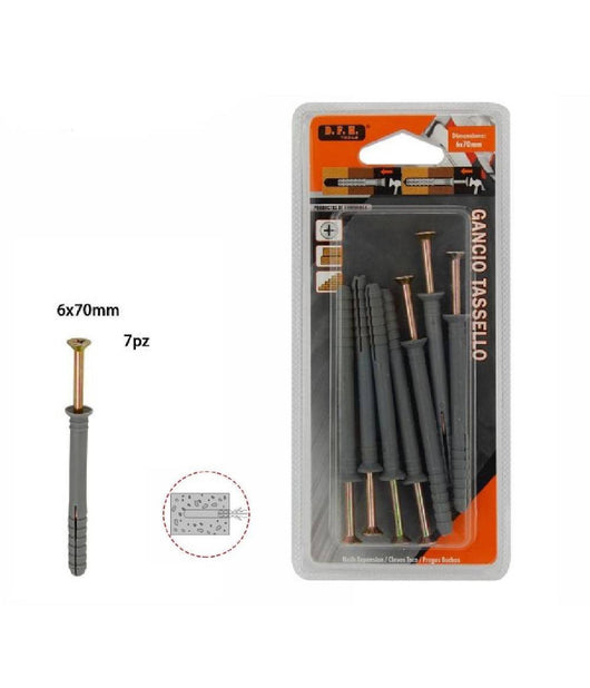 Set 7 Pezzi Tasselli Fisher Viti Vite Chiodi Gancio Tassello Misura 6x70mm 69050         