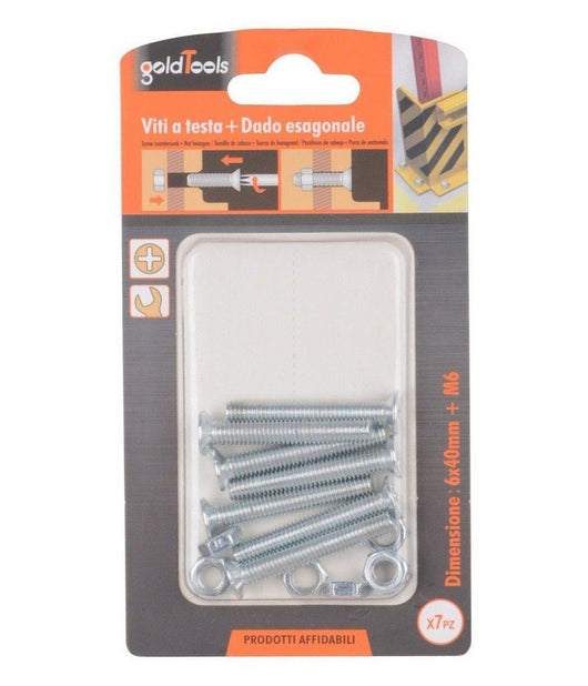 Set 7 Pezzi Viti Vite Testa A Croce Piatta 6 X 40 Mm Con Dado Esagonale M6 90945         