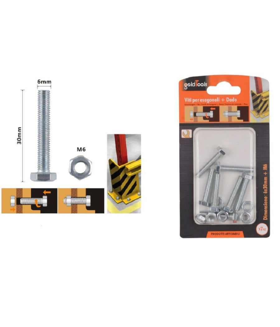Set 7pz Vite Viti Per Esterno A Testa Esagonali 6 X 30 Mm Con Dadi Dado M6 90916         