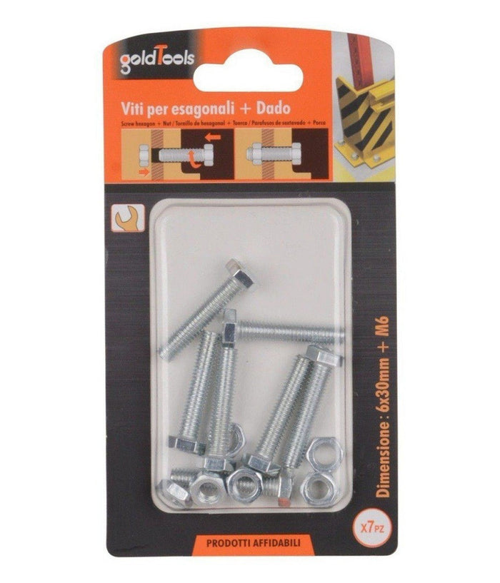 Set 7pz Vite Viti Per Esterno A Testa Esagonali 6 X 30 Mm Con Dadi Dado M6 90916         