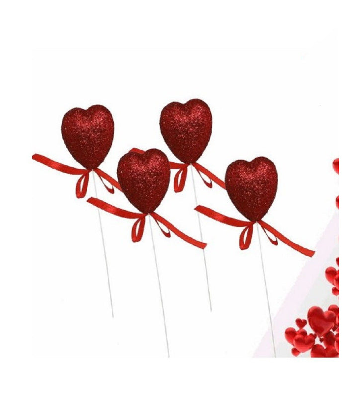 Set 8 Cuori Glitterati In Polistirolo Con Stand Spillone 5cm San Valentino 68331         