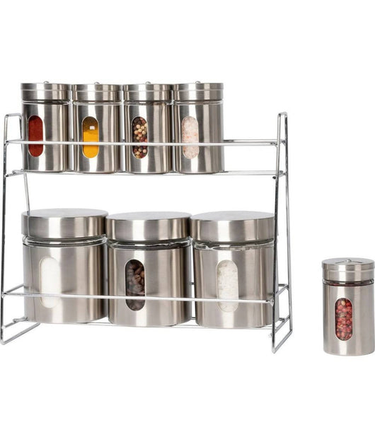 Set 8 Pezzi Barattoli Portaspezie In Vetro Acciaio Inox Con Stand Cucina         