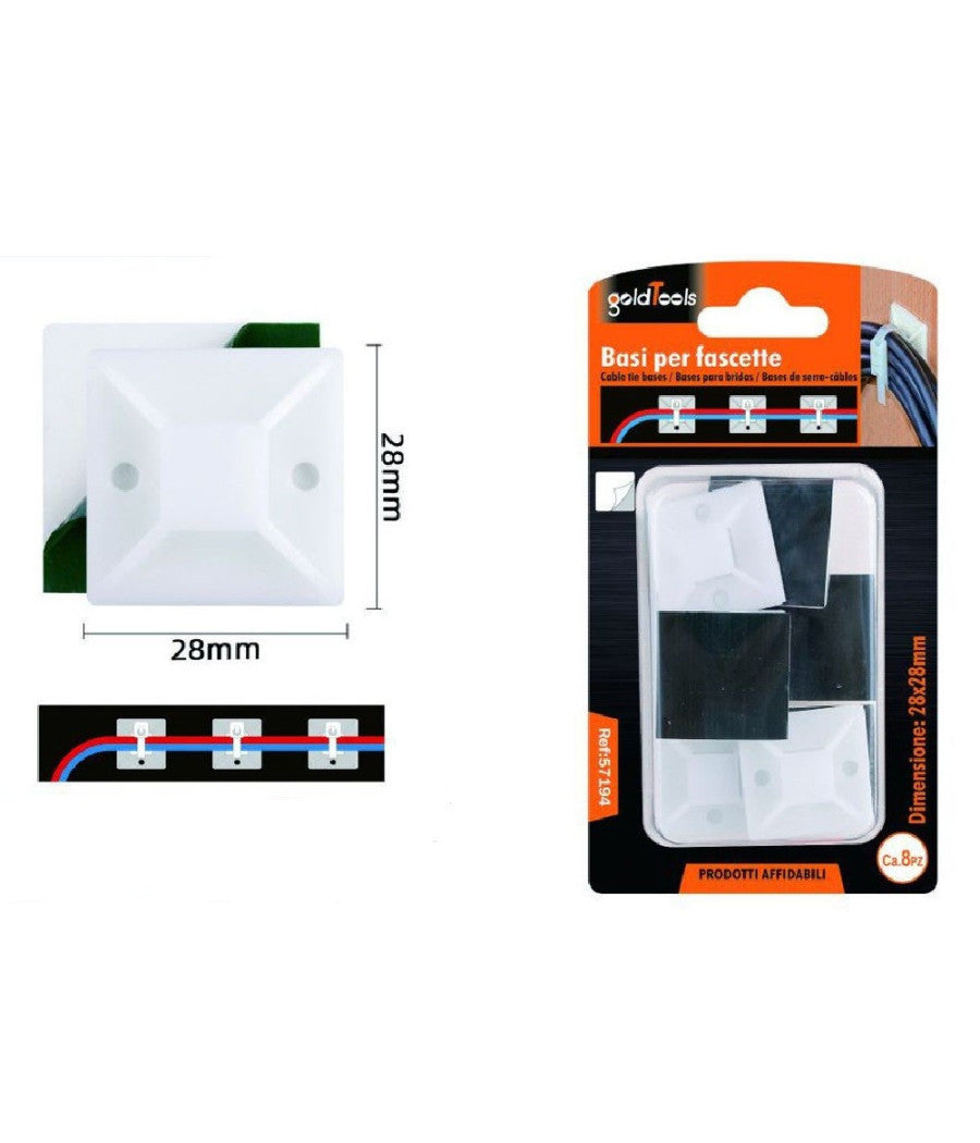 Set 8 Pezzi Basi Passante Per Fissaggio Fascette Supporto Adesivo 28x28mm 57194         