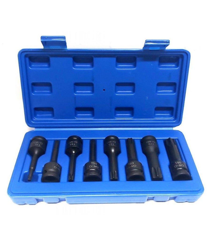 Set 8 Pezzi Chiavi Bussole Torx Attacco 1/2" T30 T80 A Impatto Lunghe 78 Mm         