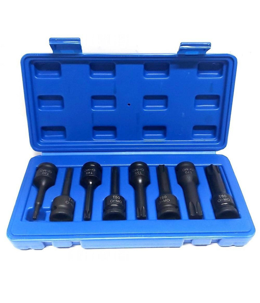 Set 8 Pezzi Chiavi Bussole Torx Attacco 1/2" T30 T80 A Impatto Lunghe 78 Mm         