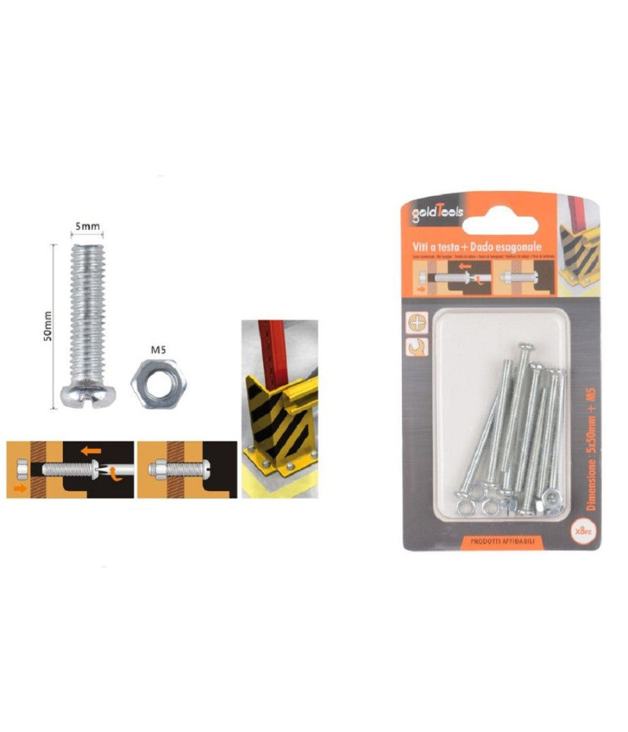 Set 8 Pz Viti Vite Testa A Croce Tonda 5 X 50mm Con Dadi Dado Esagonale M5 90972         