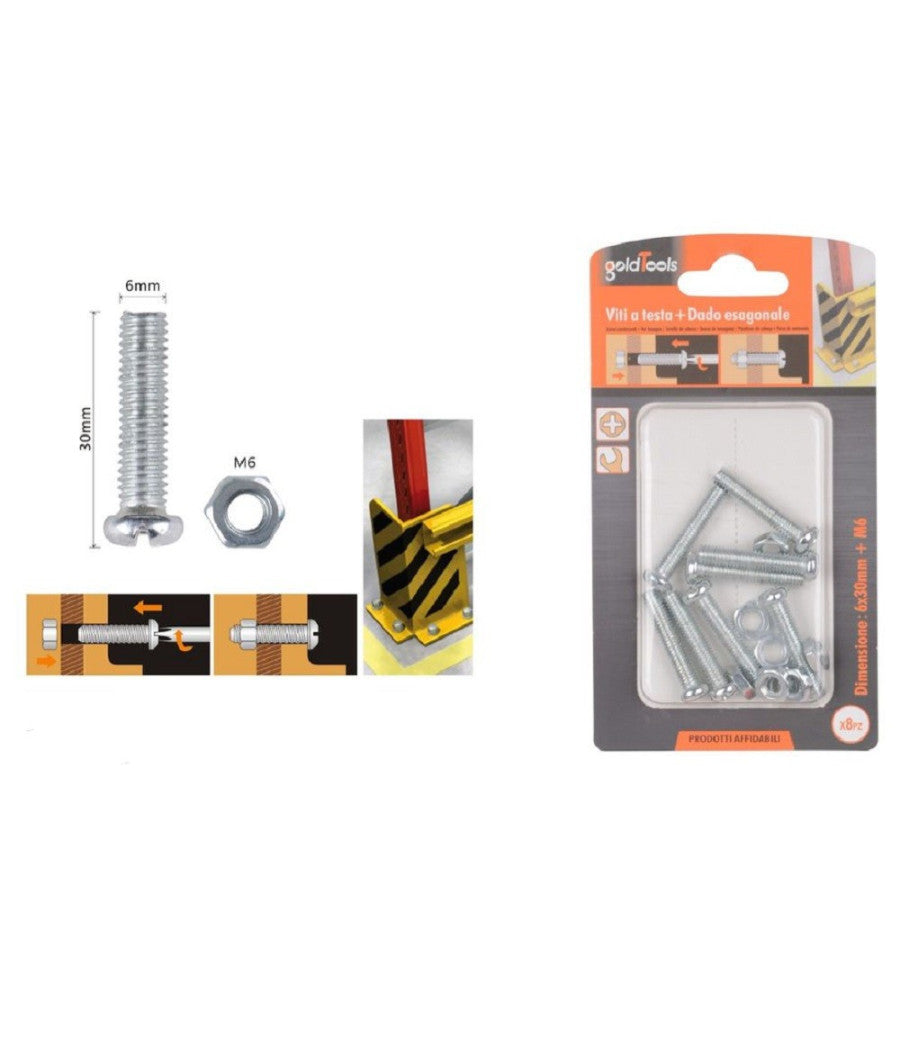 Set 8pz Viti Vite Testa A Croce Tonda 6 X 30mm Con Dadi Dado Esagonale M6 90978         