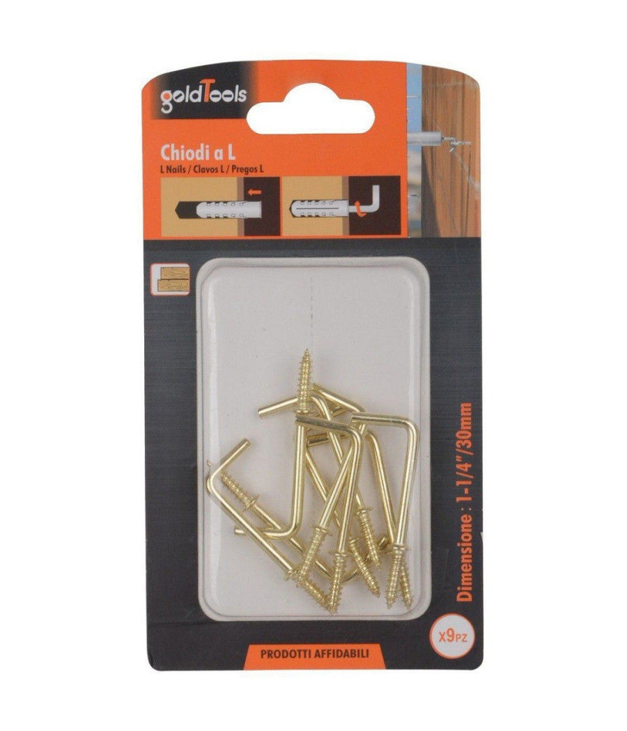 Set 9 Pezzi Chiodi Gancio A Vite Filettate A Forma Di L 1-1/4" 30mm Dorato 90802         
