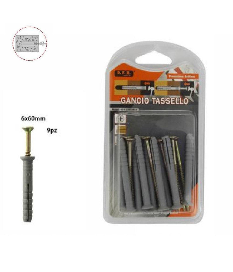 Set 9 Pezzi Tasselli Fisher Viti Vite Chiodi Gancio Tassello Misura 6x60mm 69049         