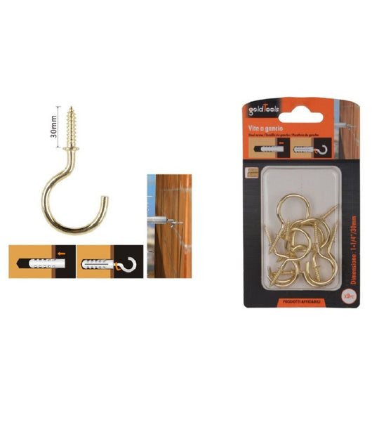Set 9 Pezzi Vite A Gancio 1-1/4" 30mm Viti Autofilettanti Dorate Per Legno 90806         