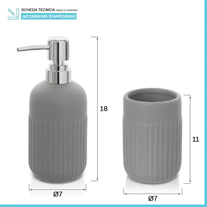 Set accessori bagno dispenser e portaspazzolini da appoggio grigio in ceramica Cup