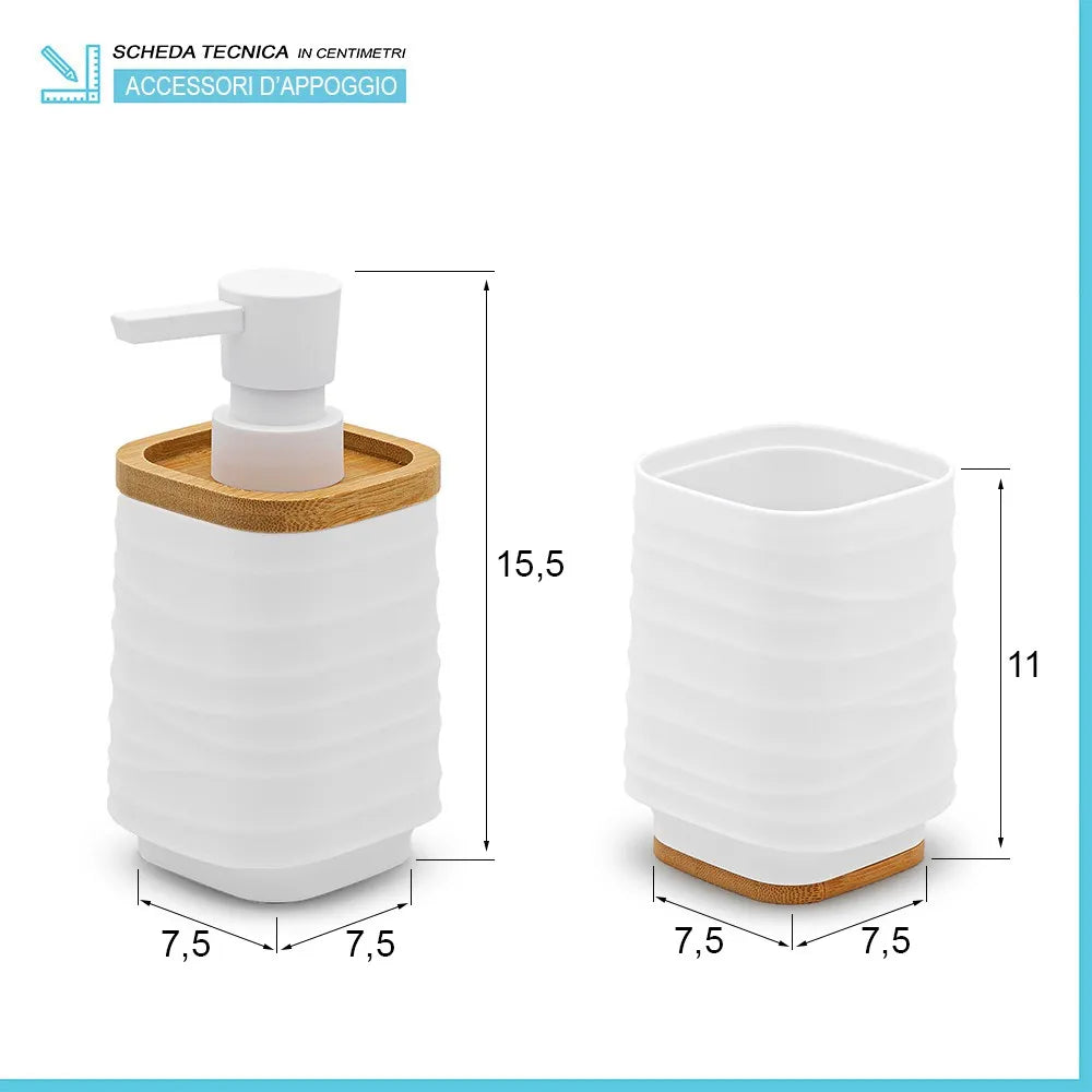 Set accessori bagno dispenser e portaspazzolini d'appoggio in abs bianco Wave