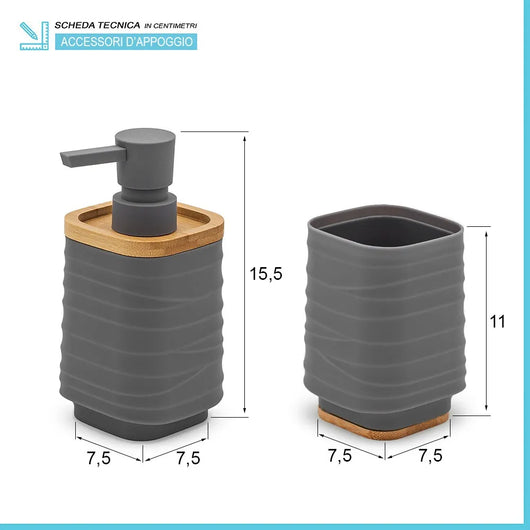 Set accessori bagno dispenser e portaspazzolini d'appoggio in abs grigio Wave