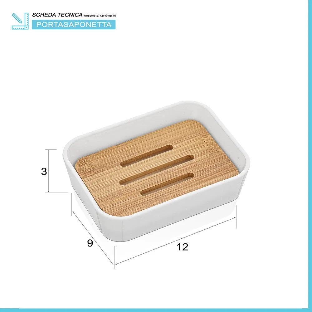 Set accessori bagno moderno in finitura bianca opaca con dettagli in bambù