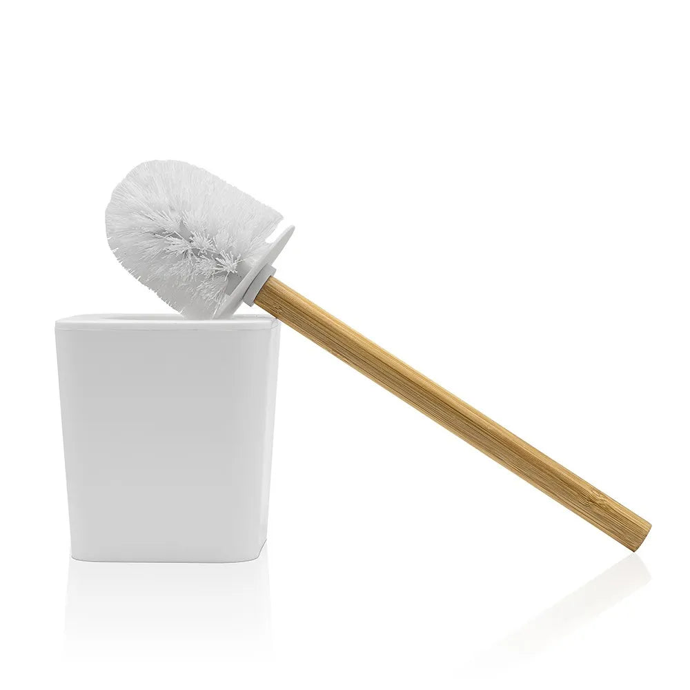 Set accessori bagno moderno in finitura bianca opaca con dettagli in bambù