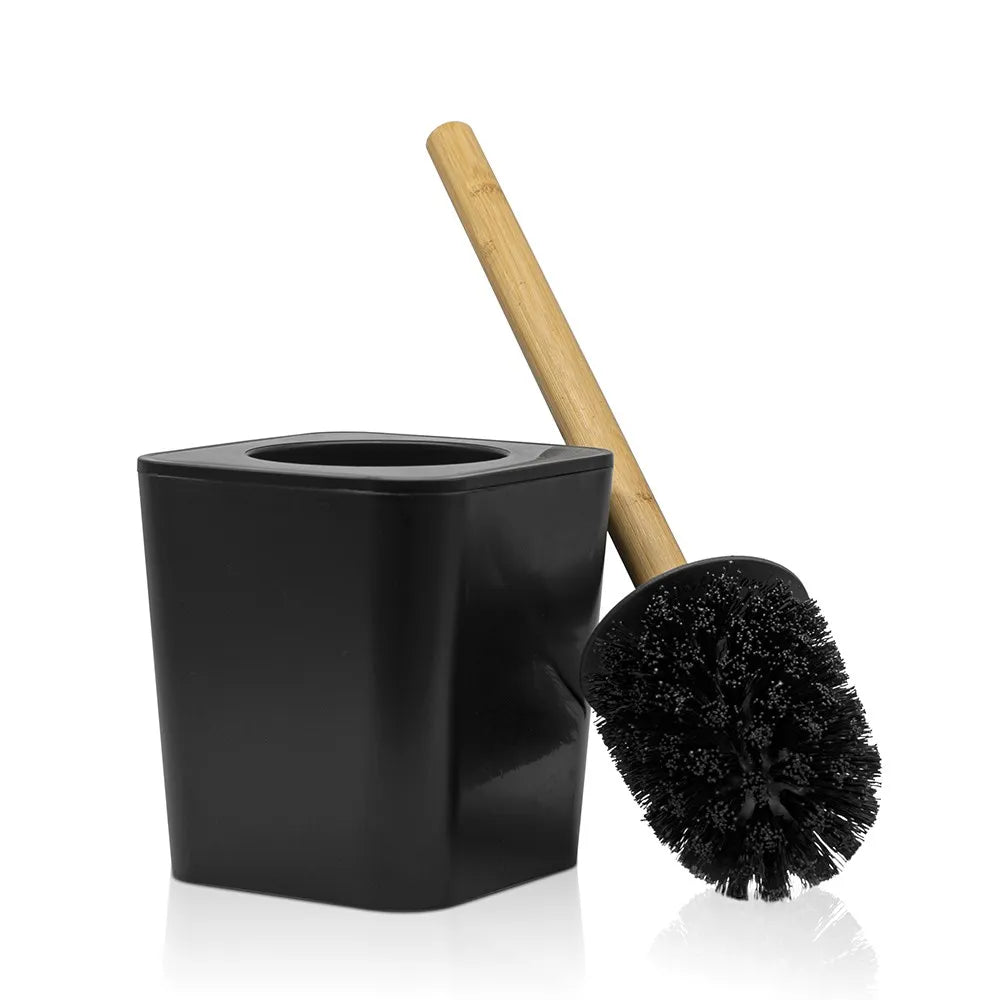 Set accessori bagno moderno in finitura nera opaca con dettagli in bambù