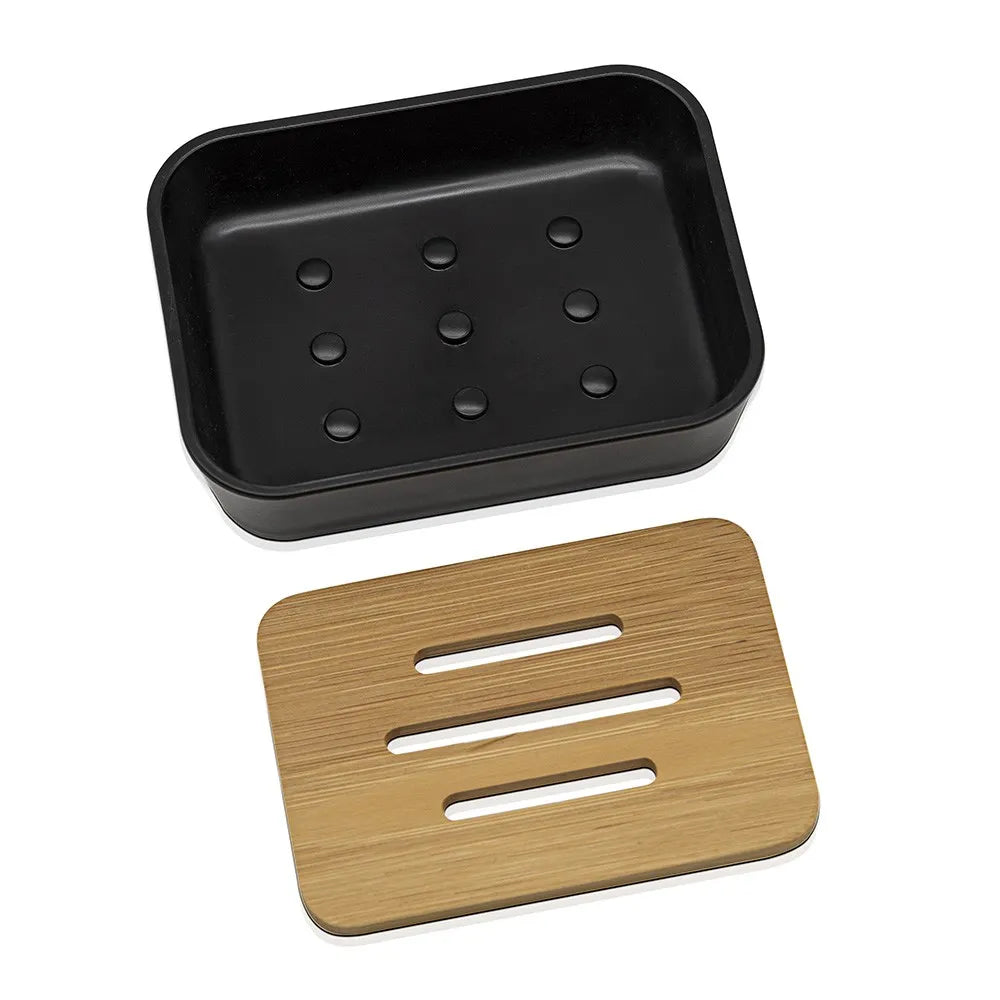 Set accessori bagno moderno in finitura nera opaca con dettagli in bambù