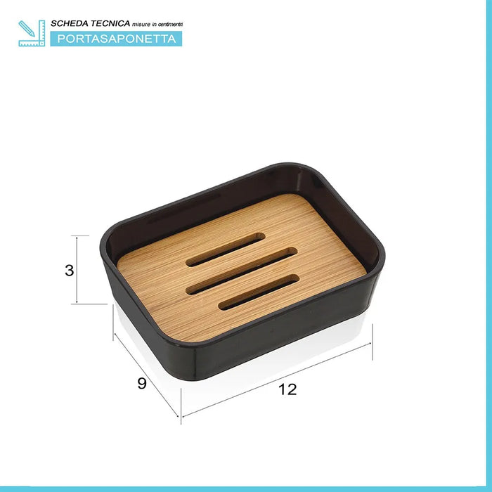 Set accessori bagno moderno in finitura nera opaca con dettagli in bambù