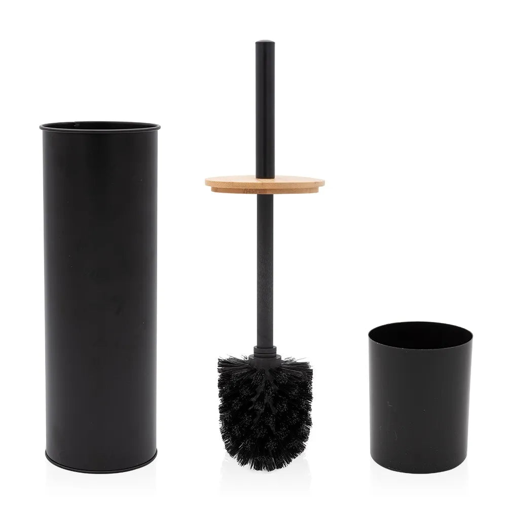Set accessori bagno scopino e pattumiera nero in acciaio e bambù Haiti