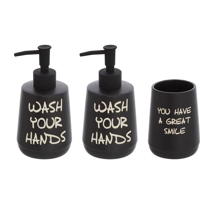 Set accessori linea Wash con 2 Dispenser portaspazzolini nero con scritte
