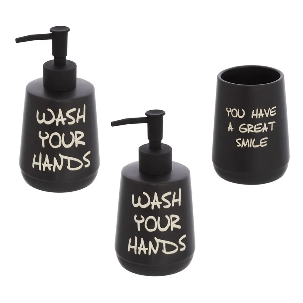 Set accessori linea Wash con 2 Dispenser portaspazzolini nero con scritte