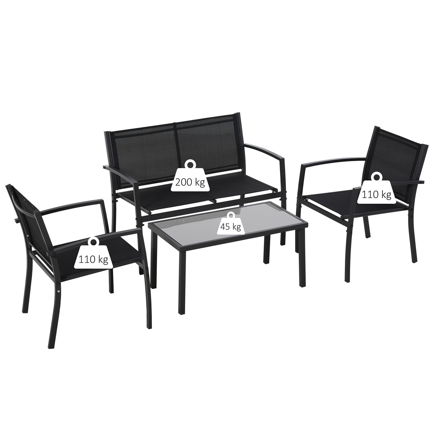 Adelaide - Salottino da giardino di design con divanetto + 2 poltrone + tavolino da caffè con ripiano in vetro. Set lounge da esterno 4 pezzi in metallo e textilene. Nero