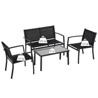 Adelaide - Salottino da giardino di design con divanetto + 2 poltrone + tavolino da caffè con ripiano in vetro. Set lounge da esterno 4 pezzi in metallo e textilene. Nero