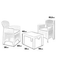 Akita - Salottino da giardino in polyrattan con 2 poltrone + tavolino da caffè. Set lounge da esterno color antracite fornito con 2 cuscini color crema