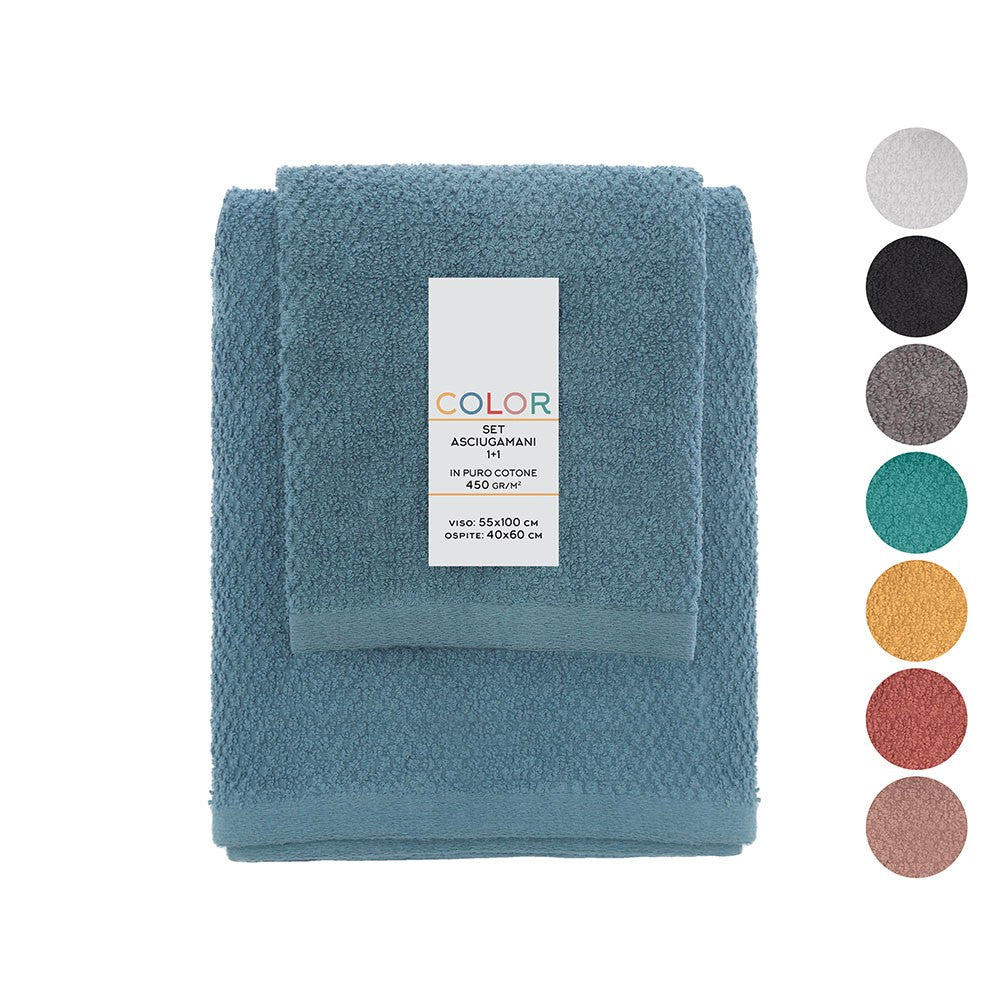 Set asciugamani bagno blu per viso e ospite in cotone puro Spring