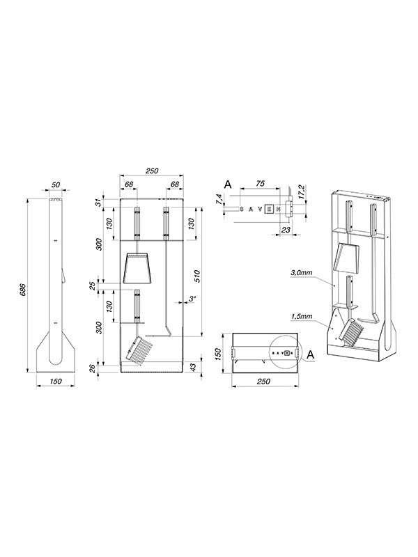 Set attrezzi per camino 3 pezzi in acciaio e legno Nero - Set 5 SL