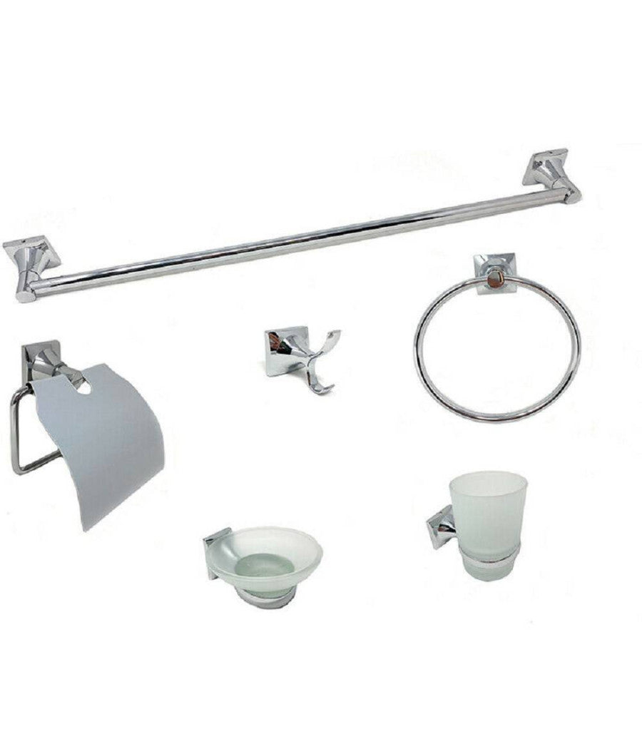 Set Bagno 6 Accessori Acciaio Vetro Portasaponetta Rotolo Spazzolini Asciugamano         