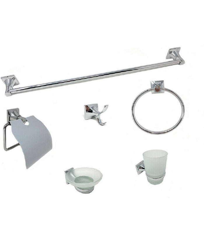 Set Bagno 6 Accessori Acciaio Vetro Portasaponetta Rotolo Spazzolini Asciugamano         