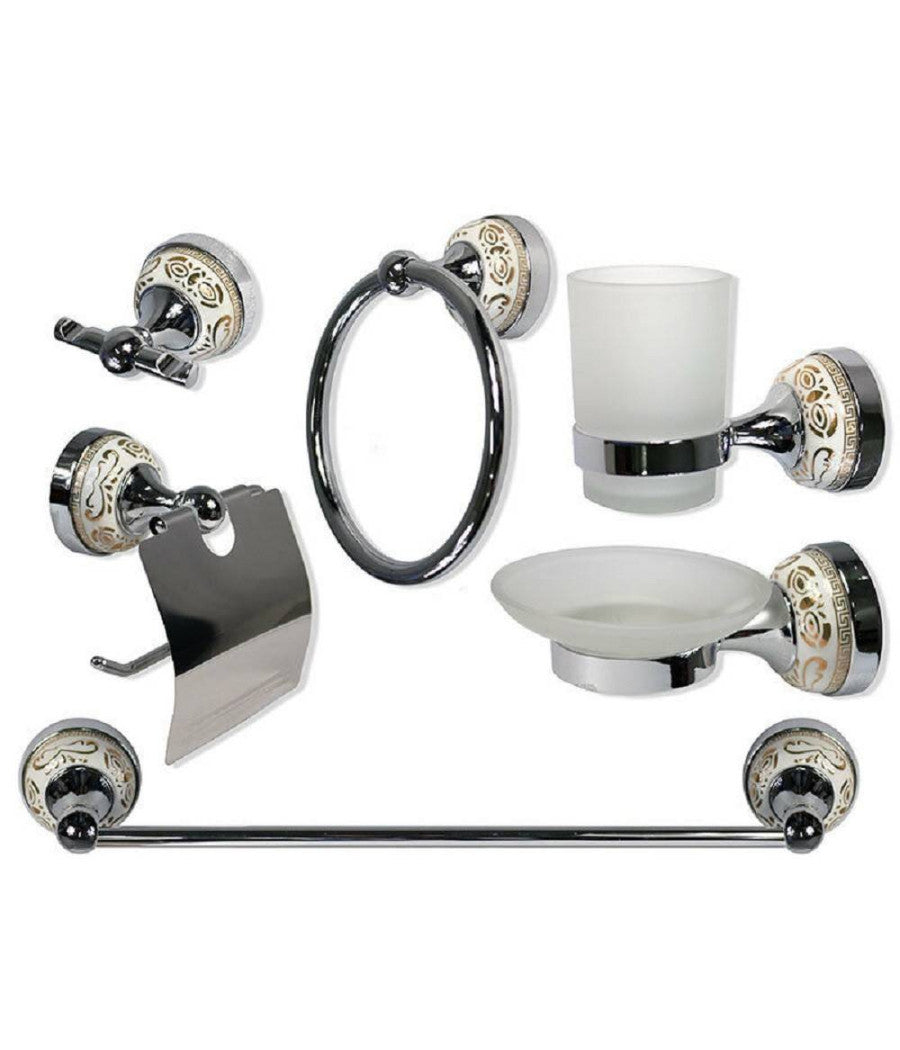 Set Bagno 6pz Acciaio Vetro Ceramica Decorazioni Oro Portarotolo Saponetta 52436         