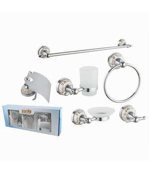 Set Bagno 6pz Acciaio Vetro Ceramica Decorazioni Oro Portarotolo Saponetta 52436         