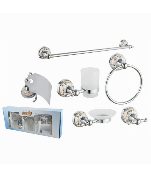 Set Bagno 6pz Acciaio Vetro Ceramica Decorazioni Oro Portarotolo Saponetta 52436         