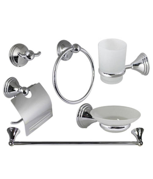 Set Bagno Acciaio Cromato E Vetro Satinato 6 Pezzi Arredo Moderno Bianco 52919         