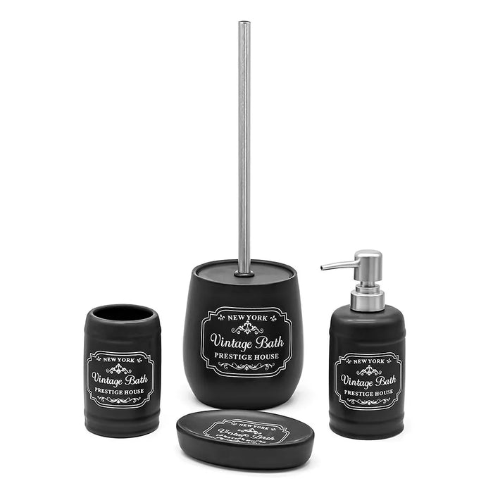 Set bagno completo con 4 pezzi in ceramica nera con stampe bianche vintage