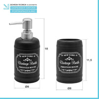 Set bagno completo con 4 pezzi in ceramica nera con stampe bianche vintage