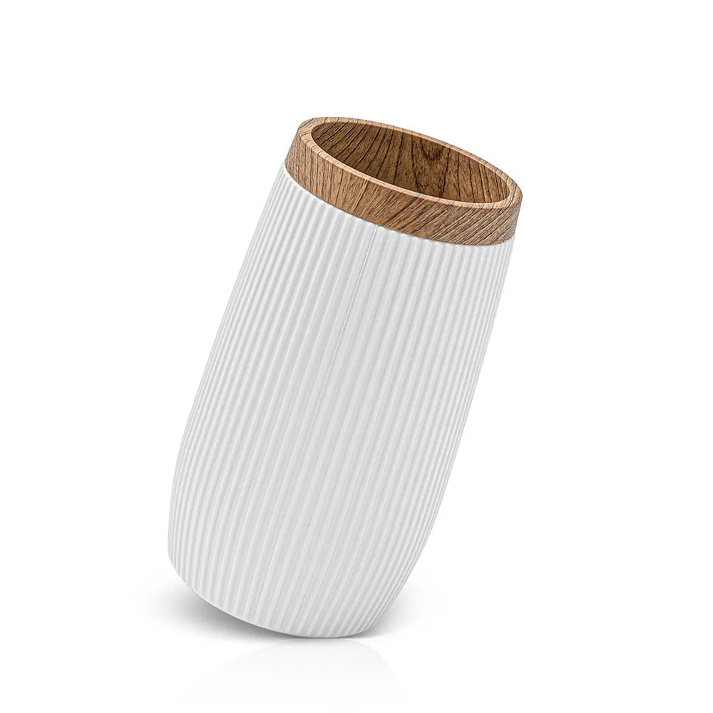 Set bagno da appoggio Blob in plastica liscia bianca con dettagli effetto legno