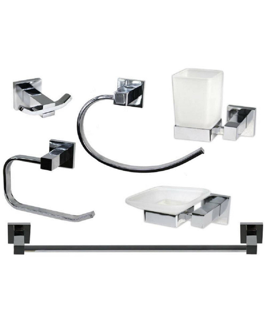 Set Bagno Quadrato Acciaio Cromato E Vetro Satinato 6 Pezzi Arredo Moderno 52920         