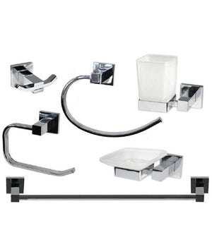 Set Bagno Quadrato Acciaio Cromato E Vetro Satinato 6 Pezzi Arredo Moderno 52920         