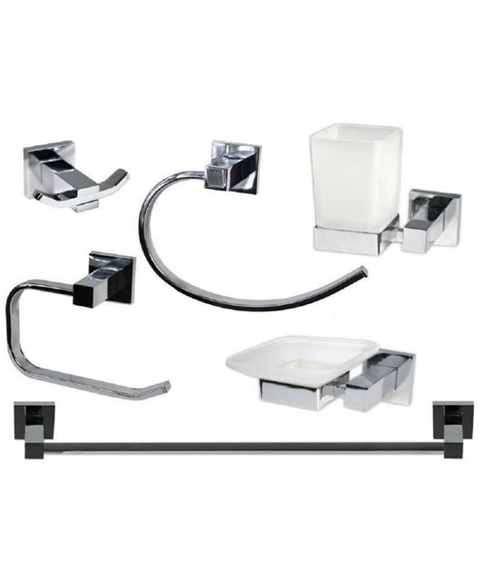 Set Bagno Quadrato Acciaio Cromato E Vetro Satinato 6 Pezzi Arredo Moderno 52920         